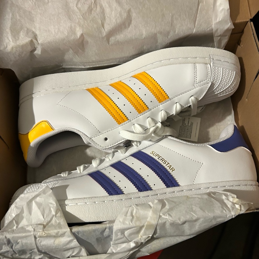 Adidas Superstar White with Yellow and Purple Stripes